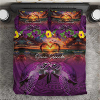 Hawaiian Turtle Love Couple Bedding Set Ocean Serenade - Honu Honi Ihu with Hibiscus and Romantic Sunset Purple Color LT03 Purple - Polynesian Pride