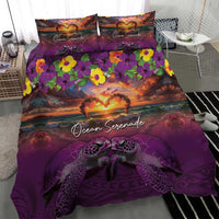 Hawaiian Turtle Love Couple Bedding Set Ocean Serenade - Honu Honi Ihu with Hibiscus and Romantic Sunset Purple Color LT03 - Polynesian Pride