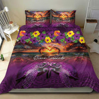 Hawaiian Turtle Love Couple Bedding Set Ocean Serenade - Honu Honi Ihu with Hibiscus and Romantic Sunset Purple Color LT03 - Polynesian Pride