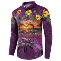 Hawaiian Turtle Love Couple Button Sweatshirt Ocean Serenade - Honu Honi Ihu with Hibiscus and Romantic Sunset Purple Color LT03 - Polynesian Pride