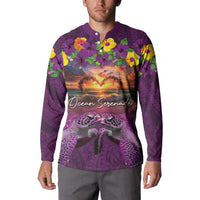 Hawaiian Turtle Love Couple Button Sweatshirt Ocean Serenade - Honu Honi Ihu with Hibiscus and Romantic Sunset Purple Color LT03 - Polynesian Pride