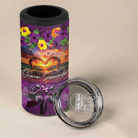 Hawaiian Turtle Love Couple 4 in 1 Can Cooler Tumbler Ocean Serenade - Honu Honi Ihu with Hibiscus and Romantic Sunset Purple Color LT03 - Polynesian Pride