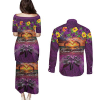 Hawaiian Turtle Love Couple Couples Matching Puletasi and Long Sleeve Button Shirt Ocean Serenade - Honu Honi Ihu with Hibiscus and Romantic Sunset Purple Color LT03 - Polynesian Pride