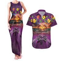 Hawaiian Turtle Love Couple Couples Matching Tank Maxi Dress and Hawaiian Shirt Ocean Serenade - Honu Honi Ihu with Hibiscus and Romantic Sunset Purple Color