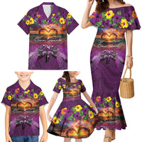 Hawaiian Turtle Love Couple Family Matching Mermaid Dress and Hawaiian Shirt Ocean Serenade - Honu Honi Ihu with Hibiscus and Romantic Sunset Purple Color LT03 - Polynesian Pride