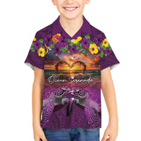 Hawaiian Turtle Love Couple Family Matching Off The Shoulder Long Sleeve Dress and Hawaiian Shirt Ocean Serenade - Honu Honi Ihu with Hibiscus and Romantic Sunset Purple Color LT03 Son's Shirt Purple - Polynesian Pride