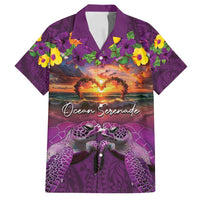 Hawaiian Turtle Love Couple Family Matching Puletasi and Hawaiian Shirt Ocean Serenade - Honu Honi Ihu with Hibiscus and Romantic Sunset Purple Color LT03 Dad's Shirt - Short Sleeve Purple - Polynesian Pride