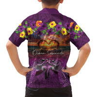Hawaiian Turtle Love Couple Family Matching Short Sleeve Bodycon Dress and Hawaiian Shirt Ocean Serenade - Honu Honi Ihu with Hibiscus and Romantic Sunset Purple Color