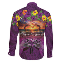Hawaiian Turtle Love Couple Family Matching Short Sleeve Bodycon Dress and Hawaiian Shirt Ocean Serenade - Honu Honi Ihu with Hibiscus and Romantic Sunset Purple Color