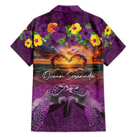 Hawaiian Turtle Love Couple Family Matching Tank Maxi Dress and Hawaiian Shirt Ocean Serenade - Honu Honi Ihu with Hibiscus and Romantic Sunset Purple Color