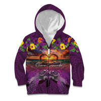 Hawaiian Turtle Love Couple Kid Hoodie Ocean Serenade - Honu Honi Ihu with Hibiscus and Romantic Sunset Purple Color LT03 Zip Hoodie Purple - Polynesian Pride