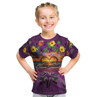 Hawaiian Turtle Love Couple Kid T Shirt Ocean Serenade - Honu Honi Ihu with Hibiscus and Romantic Sunset Purple Color LT03 Purple - Polynesian Pride