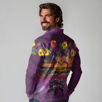 Hawaiian Turtle Love Couple Long Sleeve Polo Shirt Ocean Serenade - Honu Honi Ihu with Hibiscus and Romantic Sunset Purple Color LT03 - Polynesian Pride