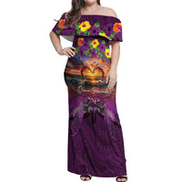 Hawaiian Turtle Love Couple Off Shoulder Maxi Dress Ocean Serenade - Honu Honi Ihu with Hibiscus and Romantic Sunset Purple Color LT03 Women Purple - Polynesian Pride