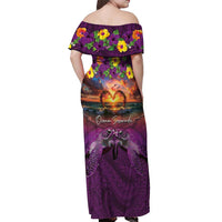 Hawaiian Turtle Love Couple Off Shoulder Maxi Dress Ocean Serenade - Honu Honi Ihu with Hibiscus and Romantic Sunset Purple Color LT03 - Polynesian Pride