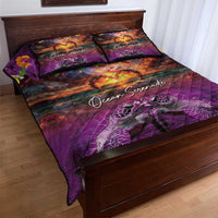 Hawaiian Turtle Love Couple Quilt Bed Set Ocean Serenade - Honu Honi Ihu with Hibiscus and Romantic Sunset Purple Color LT03 - Polynesian Pride