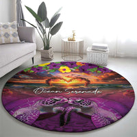 Hawaiian Turtle Love Couple Round Carpet Ocean Serenade - Honu Honi Ihu with Hibiscus and Romantic Sunset Purple Color LT03 - Polynesian Pride