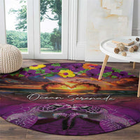 Hawaiian Turtle Love Couple Round Carpet Ocean Serenade - Honu Honi Ihu with Hibiscus and Romantic Sunset Purple Color LT03 - Polynesian Pride