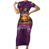 Hawaiian Turtle Love Couple Short Sleeve Bodycon Dress Ocean Serenade - Honu Honi Ihu with Hibiscus and Romantic Sunset Purple Color LT03 Long Dress Purple - Polynesian Pride