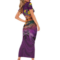 Hawaiian Turtle Love Couple Short Sleeve Bodycon Dress Ocean Serenade - Honu Honi Ihu with Hibiscus and Romantic Sunset Purple Color LT03 - Polynesian Pride
