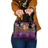Hawaiian Turtle Love Couple Shoulder Handbag Ocean Serenade - Honu Honi Ihu with Hibiscus and Romantic Sunset Purple Color LT03 One Size Purple - Polynesian Pride
