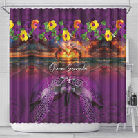 Hawaiian Turtle Love Couple Shower Curtain Ocean Serenade - Honu Honi Ihu with Hibiscus and Romantic Sunset Purple Color LT03 - Polynesian Pride