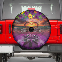 Hawaiian Turtle Love Couple Spare Tire Cover Ocean Serenade - Honu Honi Ihu with Hibiscus and Romantic Sunset Purple Color LT03 - Polynesian Pride