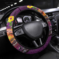 Hawaiian Turtle Love Couple Steering Wheel Cover Ocean Serenade - Honu Honi Ihu with Hibiscus and Romantic Sunset Purple Color LT03 Universal Fit Purple - Polynesian Pride