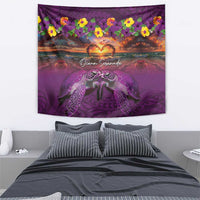 Hawaiian Turtle Love Couple Tapestry Ocean Serenade - Honu Honi Ihu with Hibiscus and Romantic Sunset Purple Color LT03 - Polynesian Pride