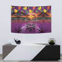 Hawaiian Turtle Love Couple Tapestry Ocean Serenade - Honu Honi Ihu with Hibiscus and Romantic Sunset Purple Color LT03 - Polynesian Pride