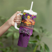 Hawaiian Turtle Love Couple Tumbler With Handle Ocean Serenade - Honu Honi Ihu with Hibiscus and Romantic Sunset Purple Color LT03 - Polynesian Pride