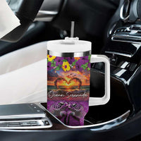 Hawaiian Turtle Love Couple Tumbler With Handle Ocean Serenade - Honu Honi Ihu with Hibiscus and Romantic Sunset Purple Color LT03 - Polynesian Pride