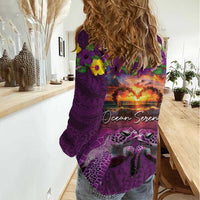 Hawaiian Turtle Love Couple Women Casual Shirt Ocean Serenade - Honu Honi Ihu with Hibiscus and Romantic Sunset Purple Color LT03 - Polynesian Pride