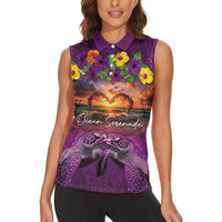 Hawaiian Turtle Love Couple Women Sleeveless Polo Shirt Ocean Serenade - Honu Honi Ihu with Hibiscus and Romantic Sunset Purple Color LT03 - Polynesian Pride