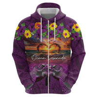 Hawaiian Turtle Love Couple Zip Hoodie Ocean Serenade - Honu Honi Ihu with Hibiscus and Romantic Sunset Purple Color LT03 - Polynesian Pride