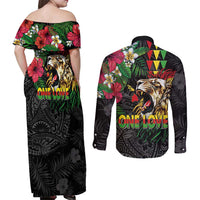 Hawaiian One Love Couples Matching Off Shoulder Maxi Dress and Long Sleeve Button Shirt Reggae Lion Tropical Plants and Kakau with Tribal Pattern LT03 - Polynesian Pride