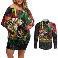 Hawaiian One Love Couples Matching Off Shoulder Short Dress and Long Sleeve Button Shirt Reggae Lion Tropical Plants and Kakau with Tribal Pattern LT03 Black - Polynesian Pride
