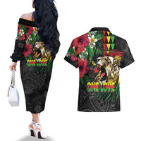 Hawaiian One Love Couples Matching Off The Shoulder Long Sleeve Dress and Hawaiian Shirt Reggae Lion Tropical Plants and Kakau with Tribal Pattern LT03 - Polynesian Pride