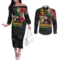 Hawaiian One Love Couples Matching Off The Shoulder Long Sleeve Dress and Long Sleeve Button Shirt Reggae Lion Tropical Plants and Kakau with Tribal Pattern LT03 Black - Polynesian Pride