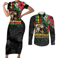 Hawaiian One Love Couples Matching Short Sleeve Bodycon Dress and Long Sleeve Button Shirt Reggae Lion Tropical Plants and Kakau with Tribal Pattern LT03 Black - Polynesian Pride