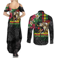 Hawaiian One Love Couples Matching Summer Maxi Dress and Long Sleeve Button Shirt Reggae Lion Tropical Plants and Kakau with Tribal Pattern LT03 - Polynesian Pride