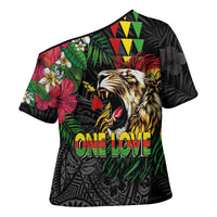 Hawaiian One Love Cross Shoulder Shirt Reggae Lion Tropical Plants and Kakau with Tribal Pattern LT03 - Polynesian Pride