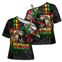 Hawaiian One Love Cross Shoulder Shirt Reggae Lion Tropical Plants and Kakau with Tribal Pattern LT03 - Polynesian Pride