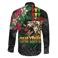 Hawaiian One Love Family Matching Off The Shoulder Long Sleeve Dress and Hawaiian Shirt Reggae Lion Tropical Plants and Kakau with Tribal Pattern LT03 - Polynesian Pride
