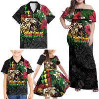 Hawaiian One Love Family Matching Off Shoulder Maxi Dress and Hawaiian Shirt Reggae Lion Tropical Plants and Kakau with Tribal Pattern LT03 - Polynesian Pride