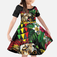 Hawaiian One Love Family Matching Puletasi and Hawaiian Shirt Reggae Lion Tropical Plants and Kakau with Tribal Pattern LT03 Daughter's Dress Black - Polynesian Pride
