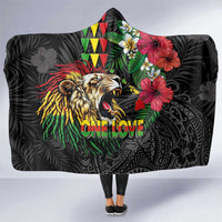Hawaiian One Love Hooded Blanket Reggae Lion Tropical Plants and Kakau with Tribal Pattern