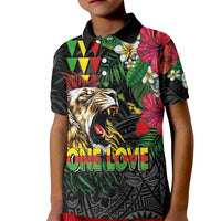Hawaiian One Love Kid Polo Shirt Reggae Lion Tropical Plants and Kakau with Tribal Pattern
