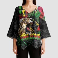 Hawaiian One Love Kimono Sleeve Blouse Reggae Lion Tropical Plants and Kakau with Tribal Pattern