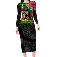 Hawaiian One Love Long Sleeve Bodycon Dress Reggae Lion Tropical Plants and Kakau with Tribal Pattern LT03 Long Dress Black - Polynesian Pride